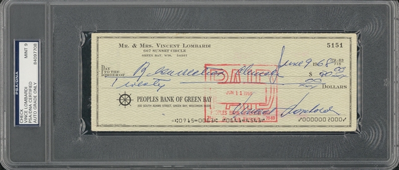 1968 Vince Lombardi Signed Personal Check Dated 6/9/1968 (PSA/DNA)